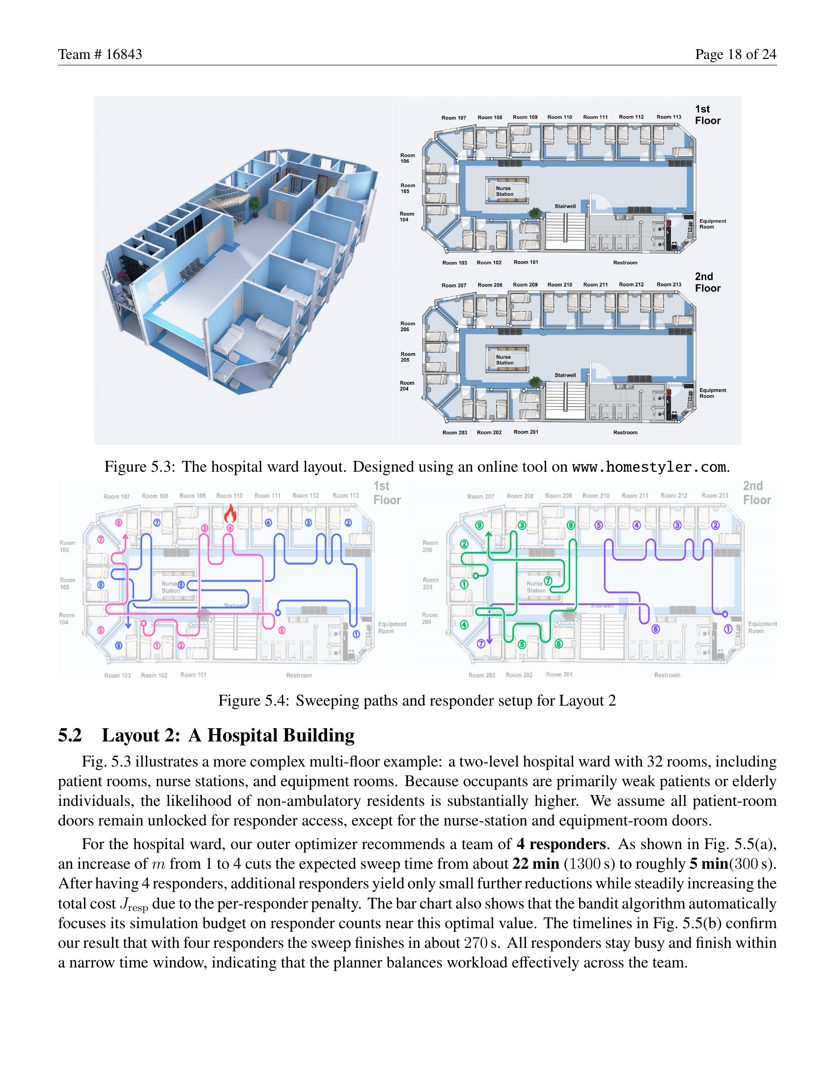 16843论文第18页：Layout 2医院的3D渲染和两层楼消防员路径，用颜色区分不同消防员