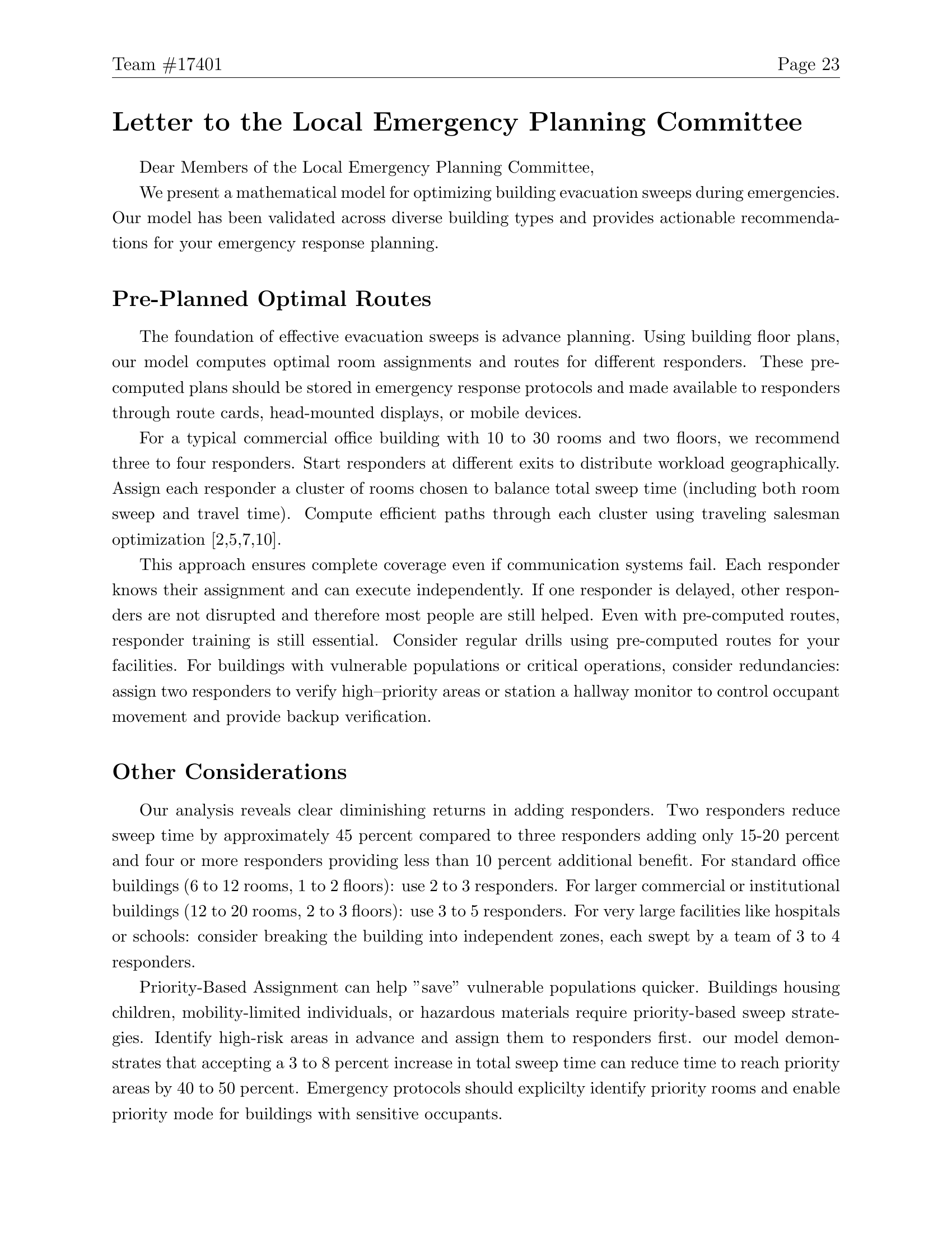 17401论文第23页：Letter to LEPC，给出按建筑规模分级的消防员配置建议和优先级tradeoff的量化数据